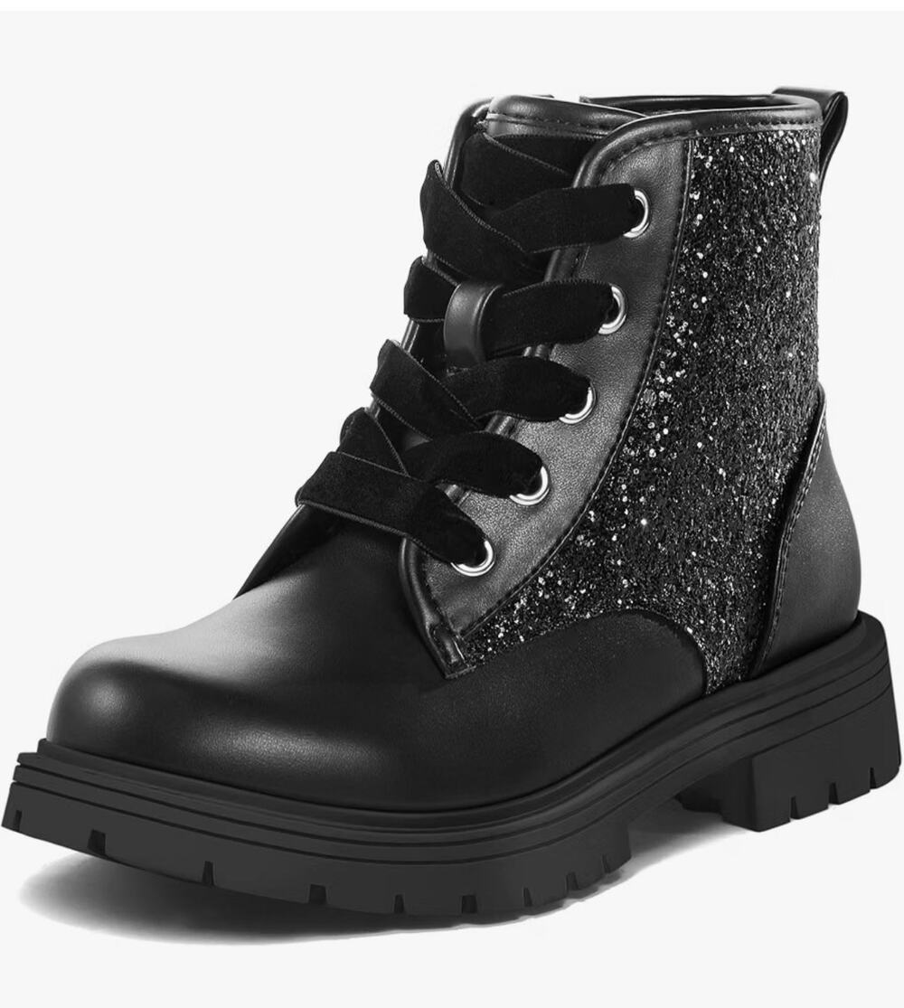 K KomForme Girls Glitter Combat Boots Velvet Lace Ankle Shoes Black Size 4